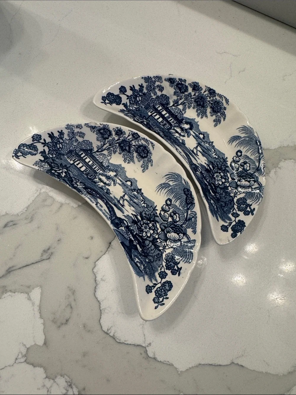 Royal Staffordshire Tonquin Blue and White Porcelain Crescent pair Bone  Dishes